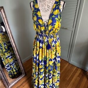 Lemon Print Blue and Yellow Maxi Dress